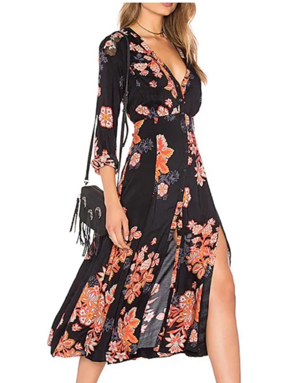 Free People Miranda size 2 slit floral Wrap Midi Dress Black and Orange Floral